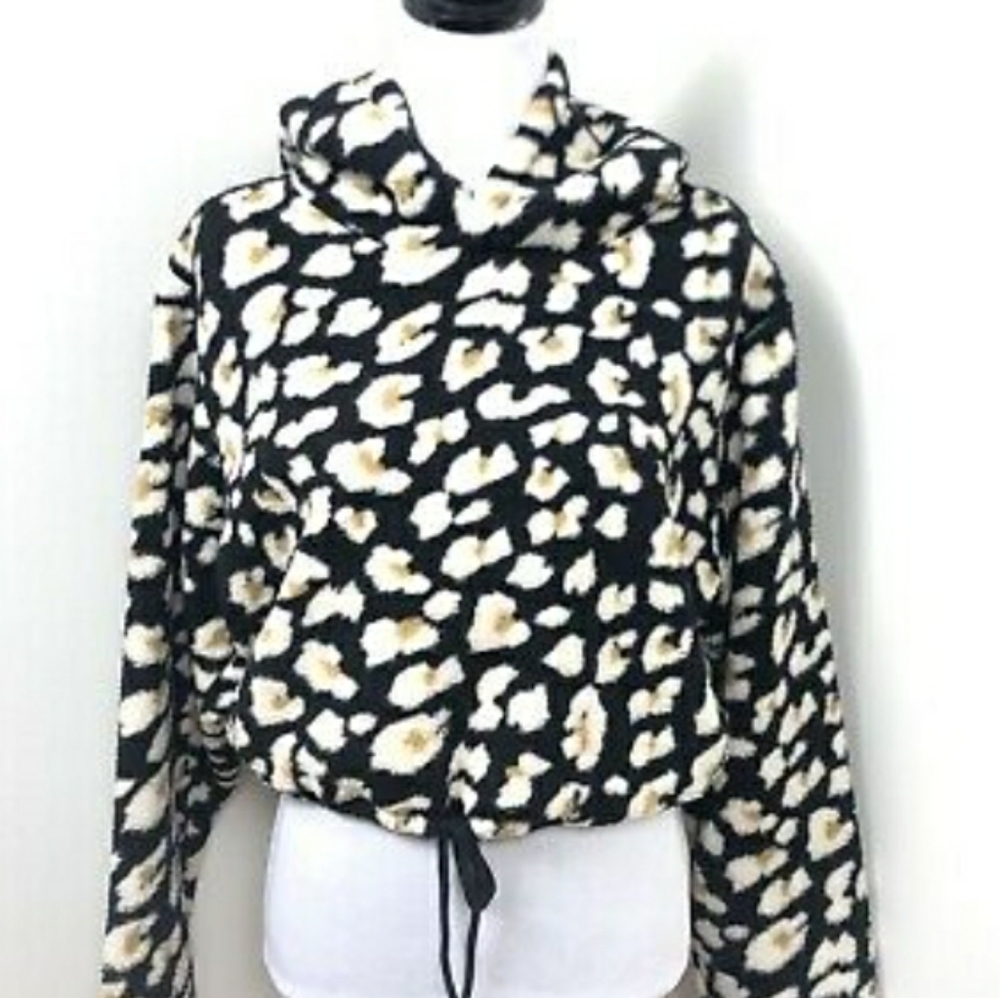 TEDDY CROPPED CHEETAH SHERPA PULLOVER JACKET HOODIE SMALL NEW